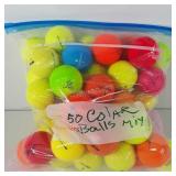 Golf balls, Fifty colored golf balls, all used,