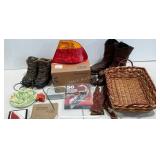 Group lot: boots, basket, BMW taillight, book,