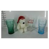 Coca-Cola group, three 6" glasses and plush polar