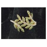 Size 6 Green diamond bypass leaf ring 14k yellow