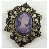 Cameo and multi crystal antiqued goldtone brooch