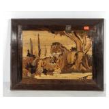 Inlaid wood picture, two lions, measures 26x20