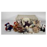 Basket with lid and plush toys, mostly TY Beanie