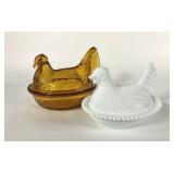 Hen on nest, amber glass 7 1/2" and milk glass 7"