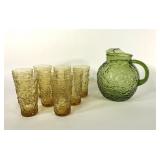 Anchor Hocking glass pitcher and tumblers,