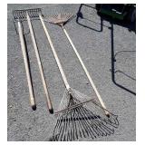 4 lawn tools, rakes and 3 Prong pitch fork