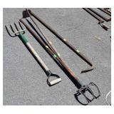 4 Tools, spade fork, scratch rake, hoe, heavy