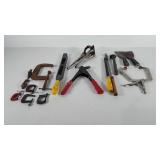 Tools, includes various size C Clamps, scrapers,