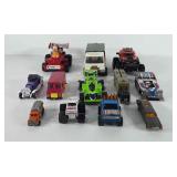Toys, twelve cars and trucks, includes race cars,