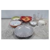 Stoneware pie plate, glass platter, chargers,