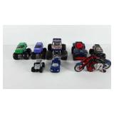 Toy cars, includes monster trucks, spider man