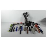 Kitchenwares, includes ladles, whisk, tongs,