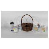 Small basket with hand sanitizer gel and spray