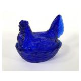 Cobalt blue glass hen on nest, 8"