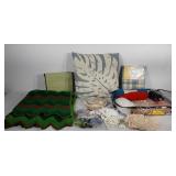Crafting supplies and linens, large throw pillow,