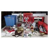 Large group of Christmas decor, includes wrapping