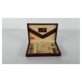 Jewelry box with rings, necklace, and pin, 6" x