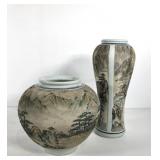Asian style vases, unglazed sections are etched