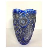 Crystal cobalt cut to clear vase, stands 9 1/2"