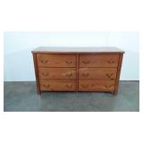 Pine six drawer dresser with brass pulls, 60" ×