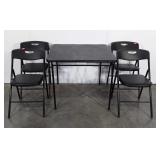 Folding card table and four folding chairs, 33" ×