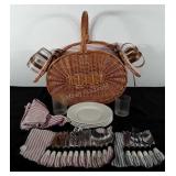 Picnic basket, with cloth napkins, plates, glass
