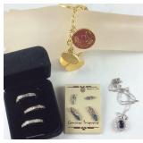 Genuine turquoise earrings, three Sterling rings,