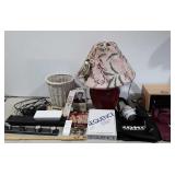 Table lamp, games, floating shelves, tote bags,