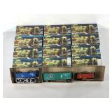 Trains, dozen HO scale train cars with boxes