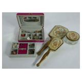 Vanity set, includes mirror, brush, jar and