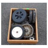 Wood box with misc Mower wheels