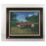 Covered bridge painting on canvas, signed Gould,