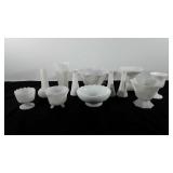 Milk glass, includes two bud vases marked Hoosier