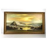 Large painting on canvas, golden sunset, signed