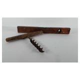 Tools, wooden auger drill and Stanley level