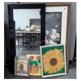 Wall art group, framed mirror 24x48, large flower