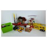 Group of toys, includes skateboard, Tonka car
