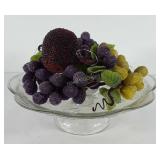 Glass pedestal cake plate with everlasting fruit,