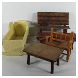 Wooden doll sized furniture, includes cradle,