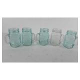 Five handled Mason jar cups, includes four blue