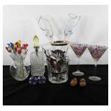 Barware, includes bottle stoppers, decanter,