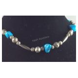 Turquoise & Silvertone  Beaded Necklace, size 26"