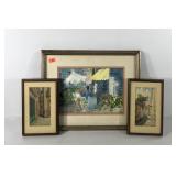 Three watercolor paintings, city scenes, all