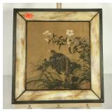 Asian style fabric print with leaded glass frame,
