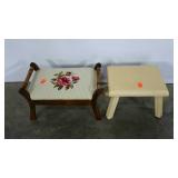 Two stools, one painted, one needlepoint