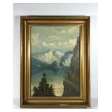 Mountain lake scene painting on canvas, framed