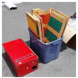 Wooden painted box, and tote with some type of