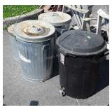 4 Trash Containers, 3 galvanized one plastic with