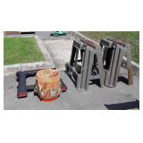 Two sets of poly saw horses, and tool bucket,