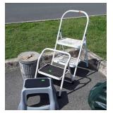 3 Stools and galvanized ash can